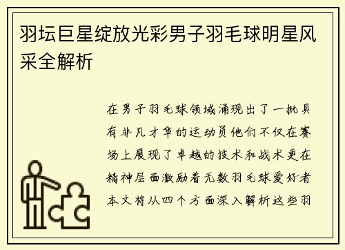 羽坛巨星绽放光彩男子羽毛球明星风采全解析